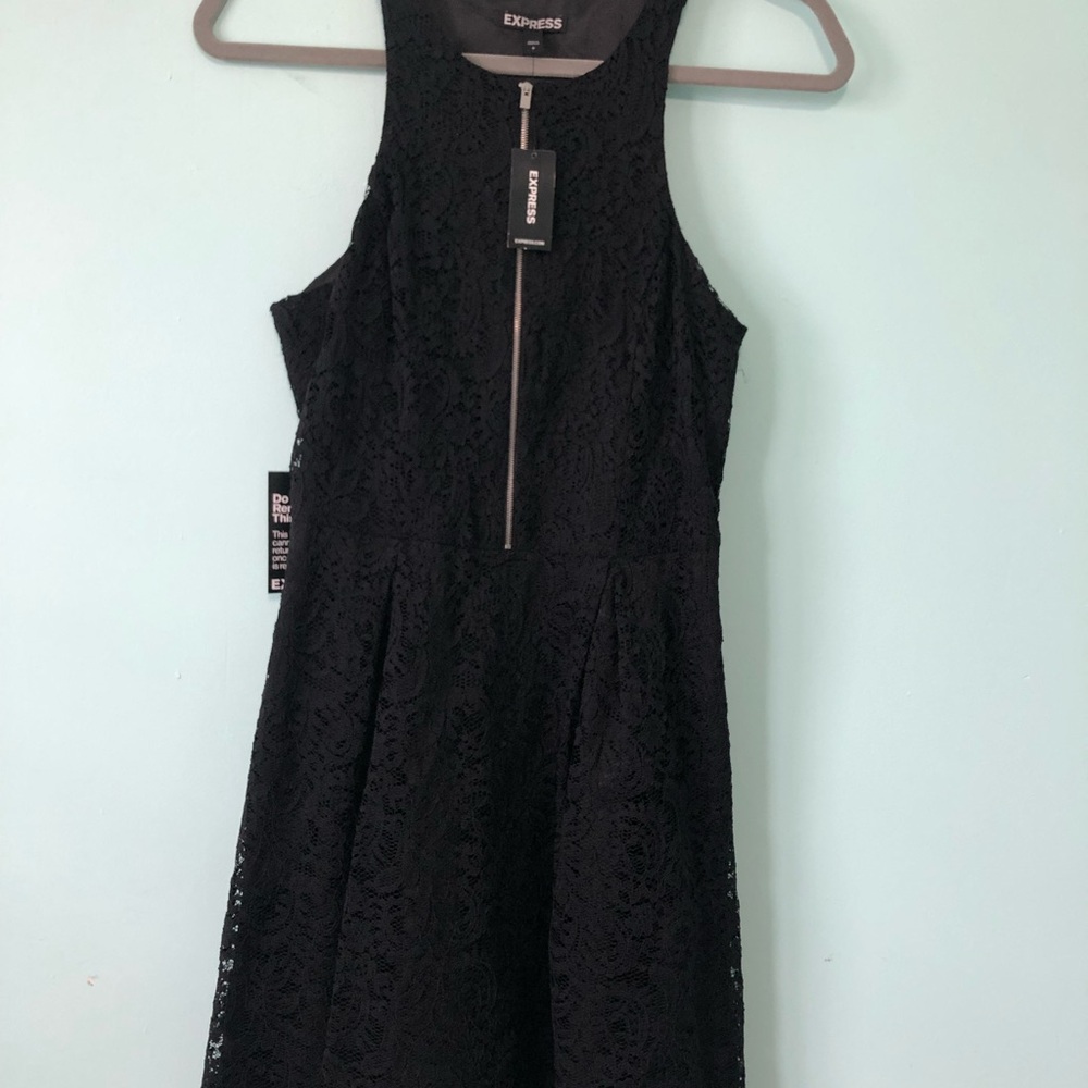 Express Black Lace A-Line Mini Dress with Front Zip